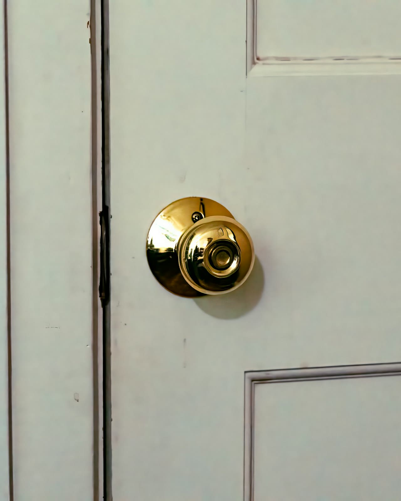 A brass knob on a white panel door
